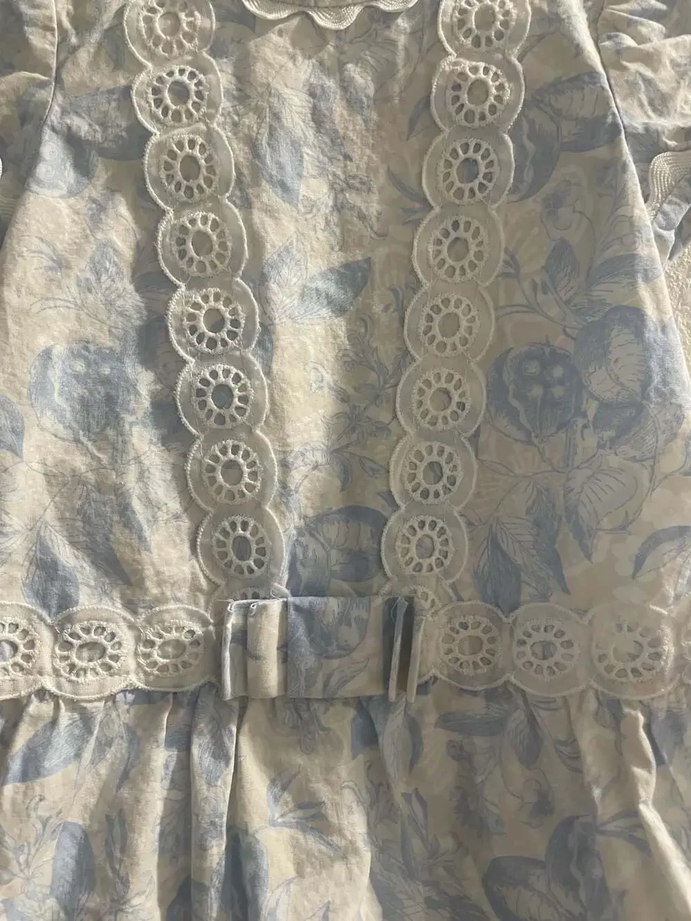 Cocote Tu Ropita Blue Floral Print Cotton Dress with Eyelet Trim and Bow Detail